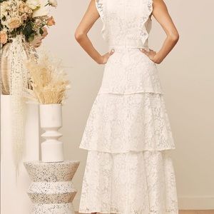 Molinetto White Lace Ruffled Tiered Sleeveless Maxi Dress